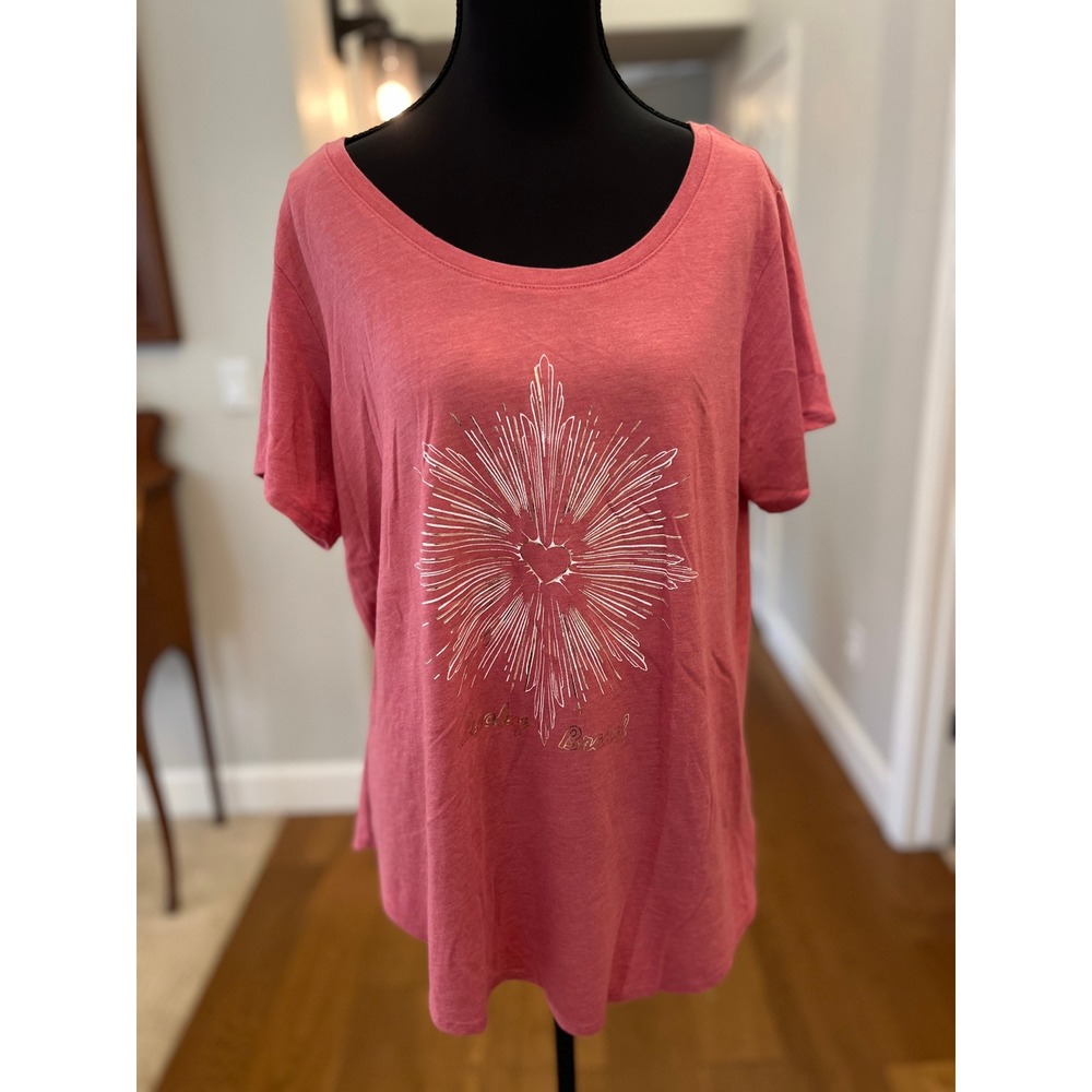 Lucky Brand Pink Sacred Heart Sunburst Foil Graphic T-Shirt Women's Large